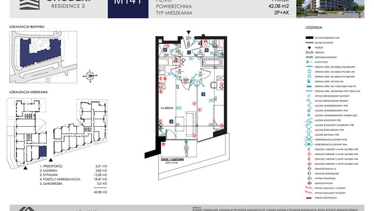 Rzut - Mieszkanie na sprzedaż 2 pokoje o powierzchni 42,08 m² - numer M141 w Chodźki Residence 2
