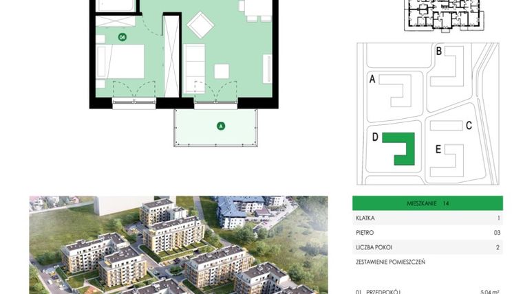 Rzut - Mieszkanie na sprzedaż 2 pokoje o powierzchni 43,64 m² - numer D 14 w Osiedle Miła