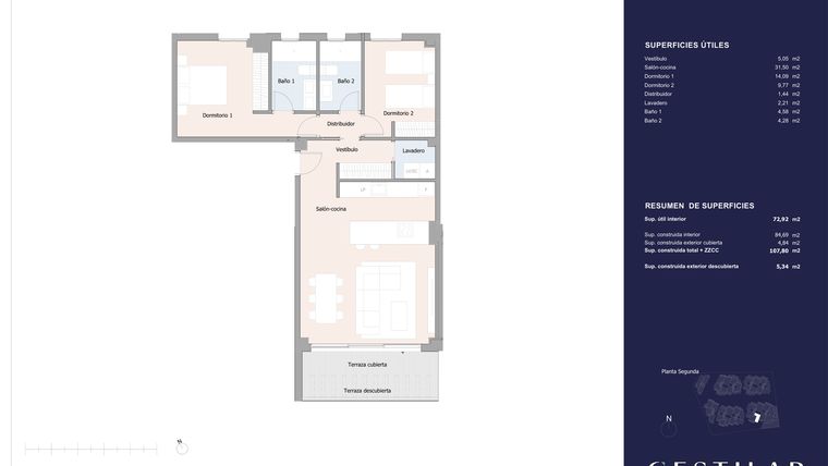 Rzut - Mieszkanie na sprzedaż 2 pokoje o powierzchni 84,69 m² - numer 42C w Isla Bela