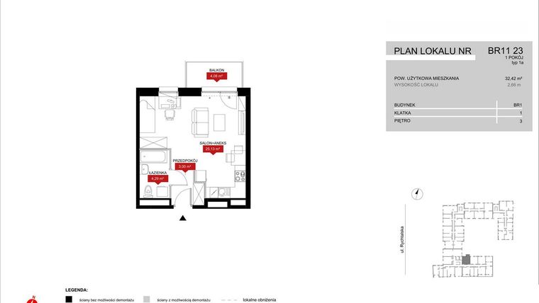Rzut - Mieszkanie na sprzedaż 1 pokój o powierzchni 32,42 m² - numer BR11/23 w Browary Wrocławskie 2