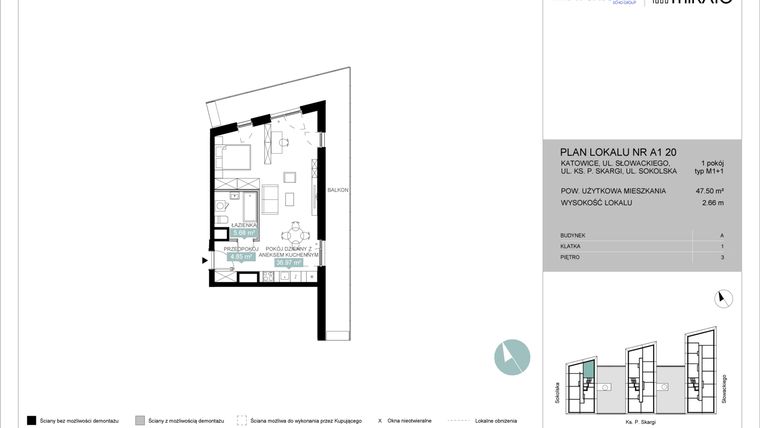 Rzut - Mieszkanie na sprzedaż 1 pokój o powierzchni 47,54 m² - numer A1 20 w Mikato