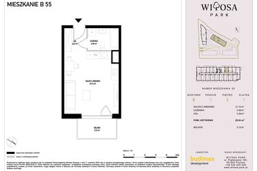 Rzut - Mieszkanie na sprzedaż 1 pokój o powierzchni 29,61 m² - numer B55 w Witosa Park