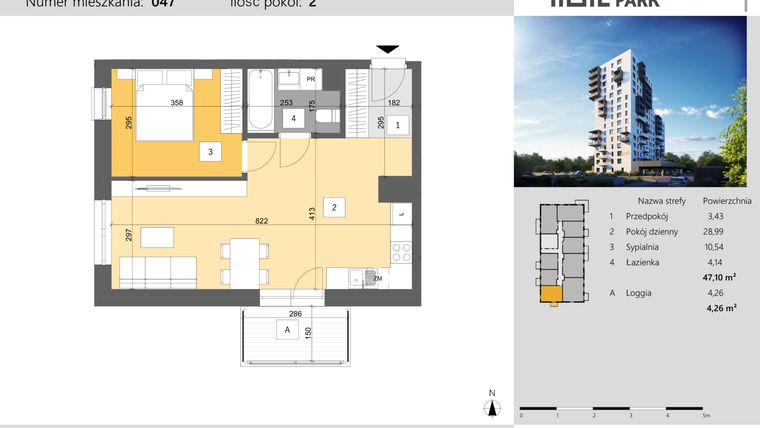 Rzut - Mieszkanie na sprzedaż 2 pokoje o powierzchni 47,1 m² - numer 47 w Dworzysko Park - Etap III
