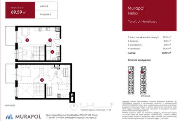 Rzut - Mieszkanie na sprzedaż 1 pokój o powierzchni 69,59 m² - numer 3.B.2.10 w Murapol Helio
