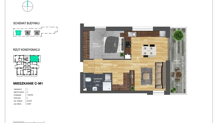 Rzut - Mieszkanie na sprzedaż 2 pokoje o powierzchni 43,75 m² - numer C-M1 w Bunscha Park 4.0