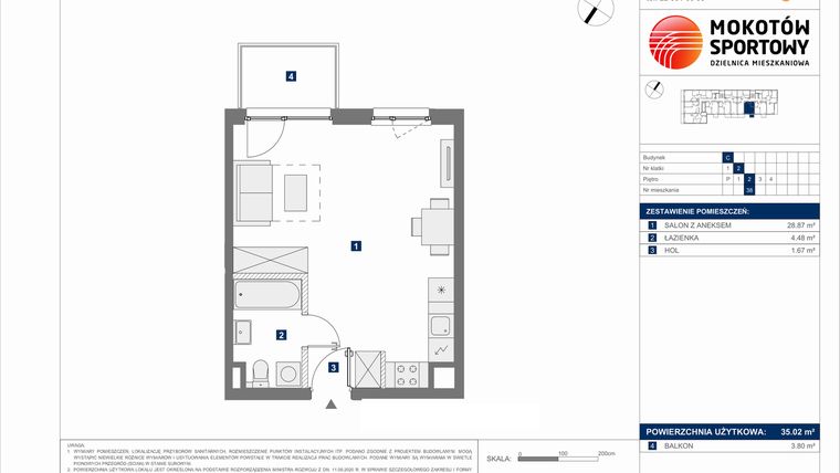Rzut - Mieszkanie na sprzedaż 1 pokój o powierzchni 35,02 m² - numer C.38 w Mokotów Sportowy 1.1B
