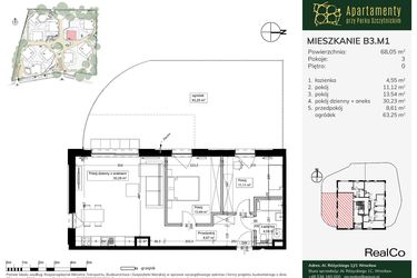 Rzut - Mieszkanie na sprzedaż 3 pokoje o powierzchni 68,05 m² - numer B3.M1 w Apartamenty przy Parku Szczytnickim