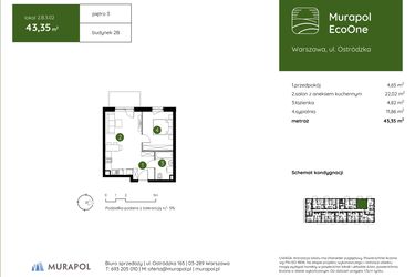 Rzut - Mieszkanie na sprzedaż 2 pokoje o powierzchni 43,35 m² - numer 2.B.3.02 w Murapol EcoOne
