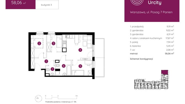 Rzut - Mieszkanie na sprzedaż 2 pokoje o powierzchni 58,06 m² - numer 3.A.1.05 w Murapol Urcity