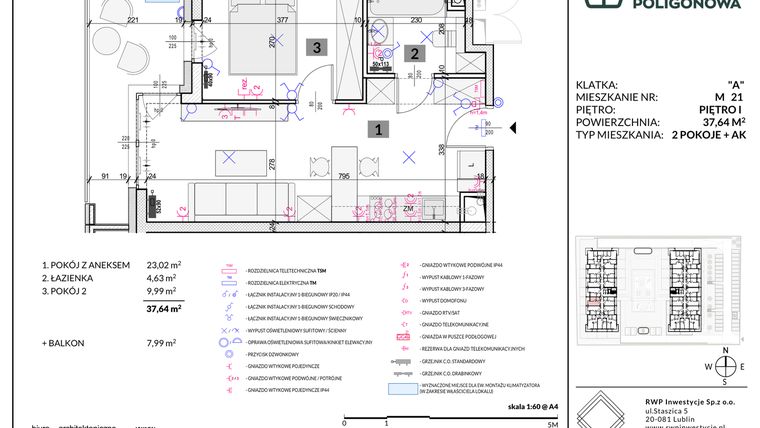 Rzut - Mieszkanie na sprzedaż 2 pokoje o powierzchni 37,64 m² - numer 21 w Apartamenty Poligonowa etap 5