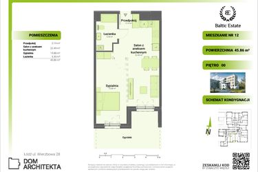 Rzut - Mieszkanie na sprzedaż 2 pokoje o powierzchni 45,86 m² - numer 00.M.12 w Dom Architekta