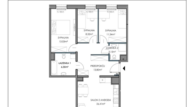 Rzut - Mieszkanie na sprzedaż 4 pokoje o powierzchni 82,36 m² - numer 1E.42A w Osiedle Horizon