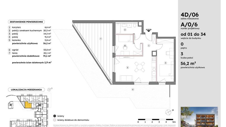 Rzut - Mieszkanie na sprzedaż 3 pokoje o powierzchni 56,27 m² - numer A/0/6 w Osiedle Mateckiego 4ALL