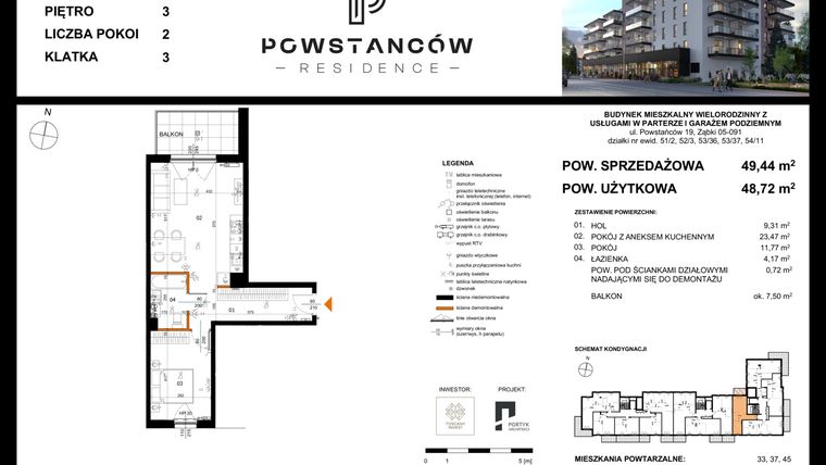Rzut - Mieszkanie na sprzedaż 2 pokoje o powierzchni 48,72 m² - numer 41 w Powstańców Residence