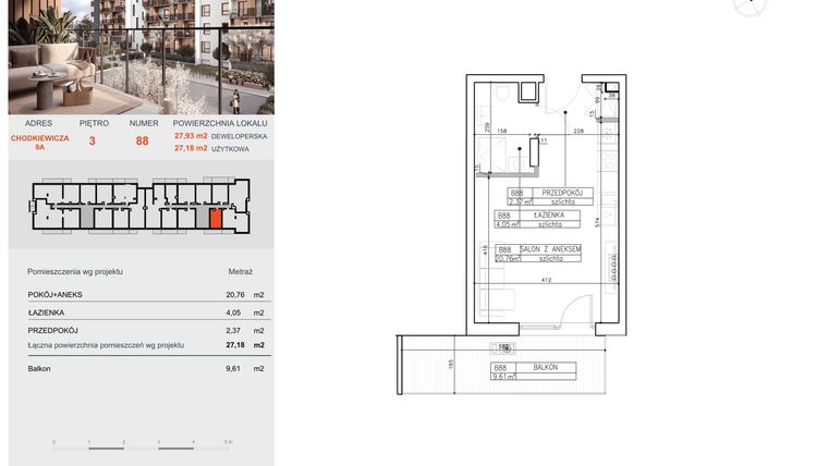 Rzut - Mieszkanie na sprzedaż 1 pokój o powierzchni 27,18 m² - numer B88 w Symfonia - Chodkiewicza 9