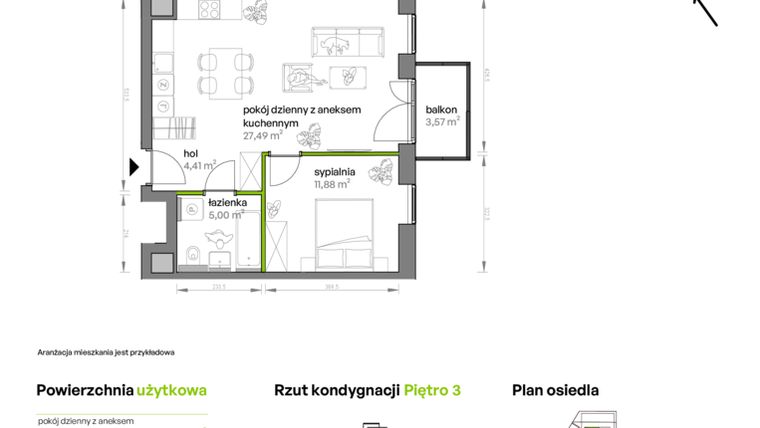 Rzut - Mieszkanie na sprzedaż 2 pokoje o powierzchni 49,24 m² - numer AA0302 w Ptasia Vita