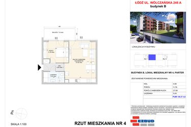 Rzut - Mieszkanie na sprzedaż 2 pokoje o powierzchni 49,37 m² - numer B.4 w Wólczańska 248 - etap II