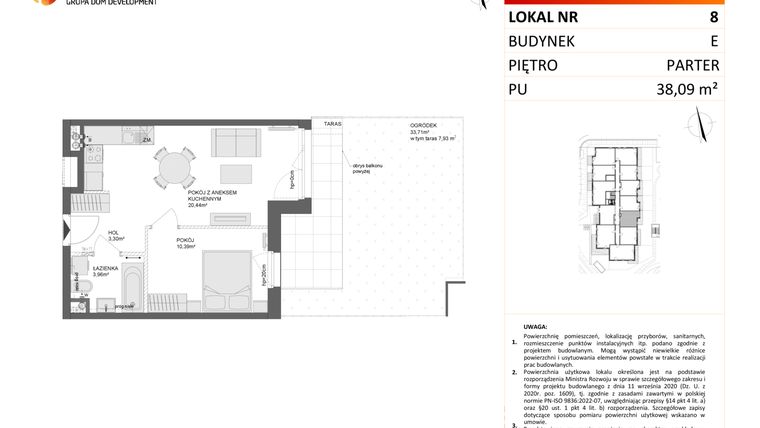Rzut - Mieszkanie na sprzedaż 2 pokoje o powierzchni 38,09 m² - numer E.8 w Osiedle Synteza etap IV