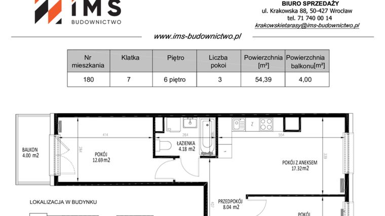 Rzut - Mieszkanie na sprzedaż 3 pokoje o powierzchni 54,35 m² - numer 180 w Krakowskie Tarasy etap V