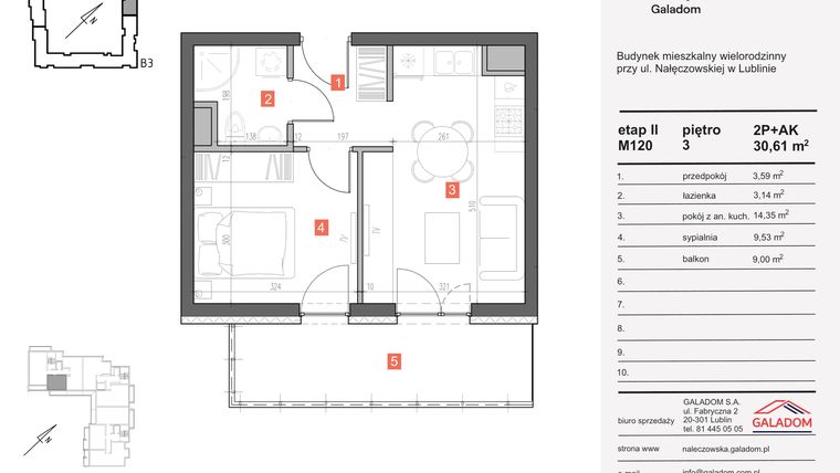 Rzut - Mieszkanie na sprzedaż 2 pokoje o powierzchni 30,61 m² - numer M-120 w Nałęczowska etap II