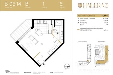 Rzut - Mieszkanie na sprzedaż 1 pokój o powierzchni 34,09 m² - numer B.05.14 w Hallera 140