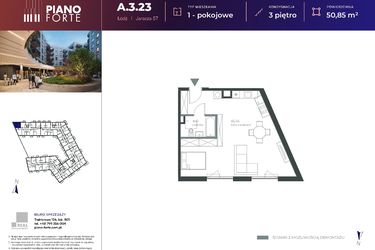 Rzut - Mieszkanie na sprzedaż 1 pokój o powierzchni 50,85 m² - numer A.3.23 w Piano