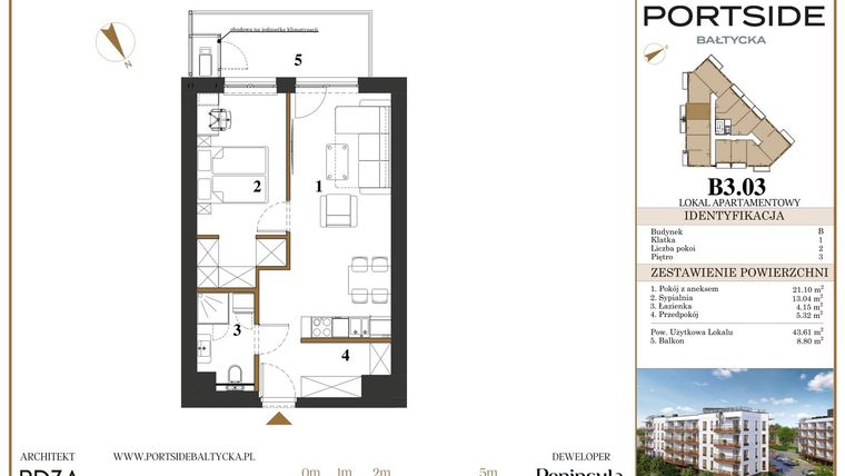 Rzut - Mieszkanie na sprzedaż 2 pokoje o powierzchni 43,61 m² - numer B3.03 w Portside Bałtycka