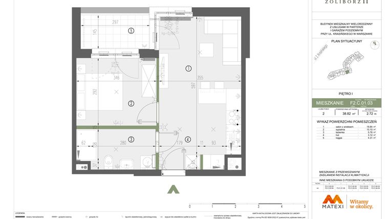 Rzut - Mieszkanie na sprzedaż 2 pokoje o powierzchni 38,82 m² - numer F2.C.01.03 w Sady Żoliborz II