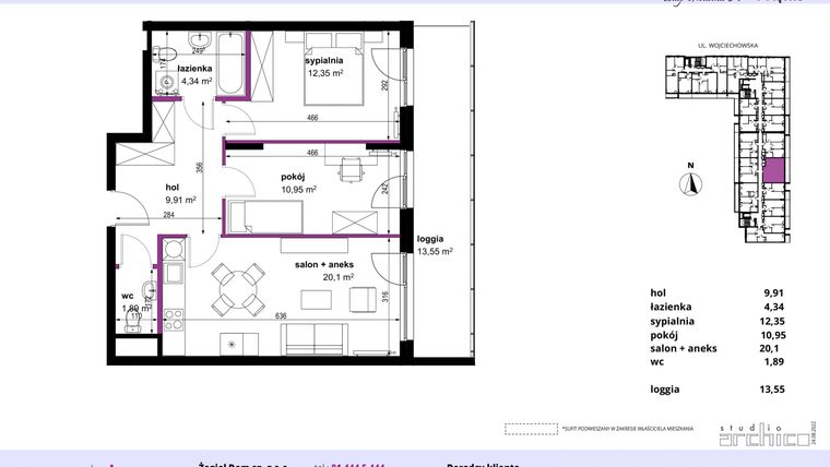 Rzut - Mieszkanie na sprzedaż 3 pokoje o powierzchni 59,54 m² - numer 58 w Wojciechowska Square