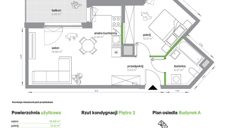 Rzut - Mieszkanie na sprzedaż 2 pokoje o powierzchni 48,39 m² - numer AA0201/4 w M Bemowo