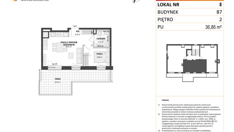 Rzut - Mieszkanie na sprzedaż 2 pokoje o powierzchni 36,86 m² - numer B7 8 w Wzgórze Markowca