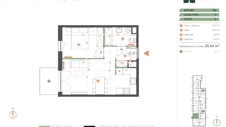 Rzut - Mieszkanie na sprzedaż 2 pokoje o powierzchni 39,64 m² - numer M.05.04 w Casa Feliz Portowa
