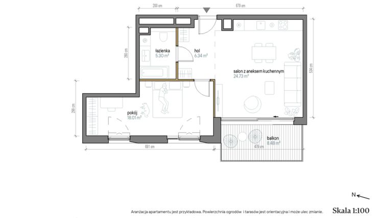 Rzut - Mieszkanie na sprzedaż 2 pokoje o powierzchni 54,38 m² - numer B/1/5 w Kopernika 71