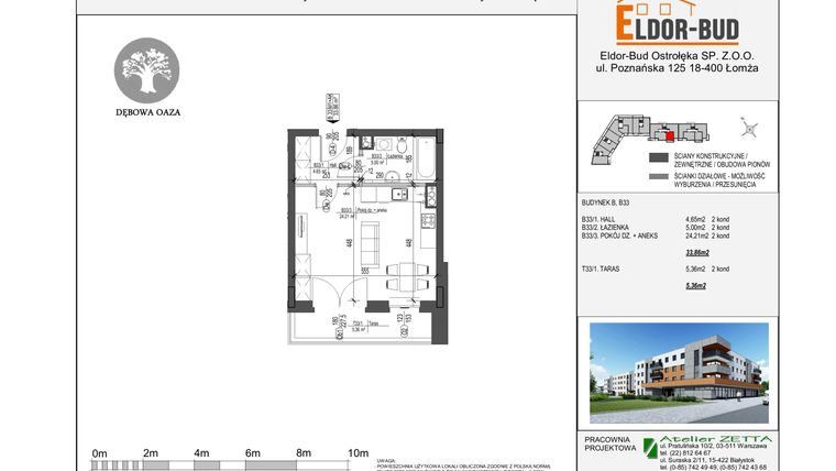 Rzut - Mieszkanie na sprzedaż 1 pokój o powierzchni 33,86 m² - numer K5 B33 w Dębowa Oaza