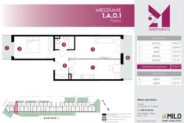 Rzut - Mieszkanie na sprzedaż 2 pokoje o powierzchni 52,95 m² - numer 1.A.0.1 w Maślice Wrocław Milo Dobry Deweloper etap IV