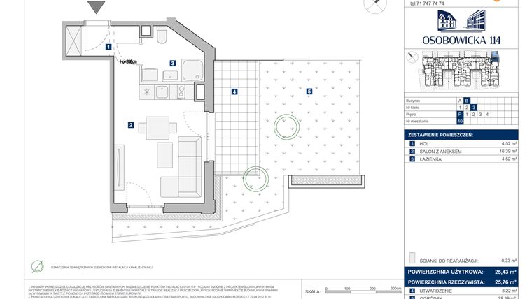 Rzut - Mieszkanie na sprzedaż 1 pokój o powierzchni 25,43 m² - numer B.40 w Osobowicka 114