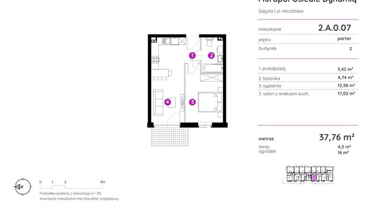 Rzut - Mieszkanie na sprzedaż 2 pokoje o powierzchni 37,76 m² - numer 2.A.0.07 w Murapol Osiedle Dynamiq