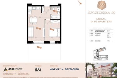 Rzut - Mieszkanie na sprzedaż 2 pokoje o powierzchni 35,3 m² - numer 16 w Szczecińska 20