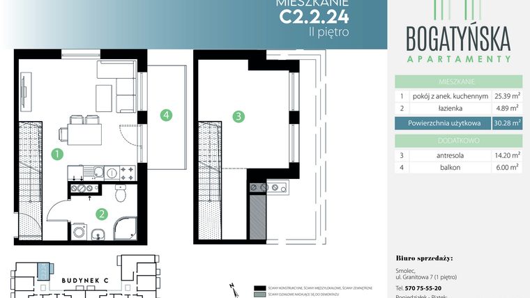 Rzut - Mieszkanie na sprzedaż 2 pokoje o powierzchni 44,48 m² - numer C2.2.24 w Bogatyńska Apartamenty etap 3