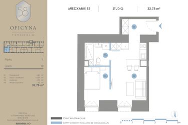 Rzut - Mieszkanie na sprzedaż 1 pokój o powierzchni 32,78 m² - numer 12 w Oficyna - Apartamenty Inwestycyjne Apart Hotel