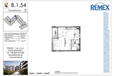 Rzut - Mieszkanie na sprzedaż 1 pokój o powierzchni 36,42 m² - numer B.1.54 w Osiedle BALTICA