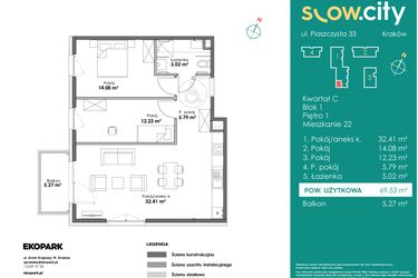 Rzut - Mieszkanie na sprzedaż 3 pokoje o powierzchni 69,53 m² - numer C1-22 w Slow City