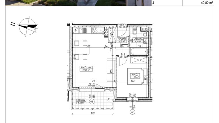 Rzut - Mieszkanie na sprzedaż 2 pokoje o powierzchni 42,82 m² - numer M.B7.01.39 w Osiedle Harmonia bud. B7