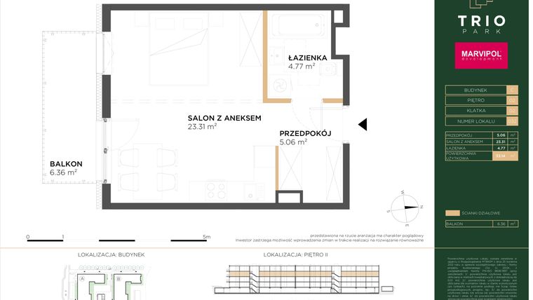 Rzut - Mieszkanie na sprzedaż 1 pokój o powierzchni 33,14 m² - numer C032 w Trio Park bud. C