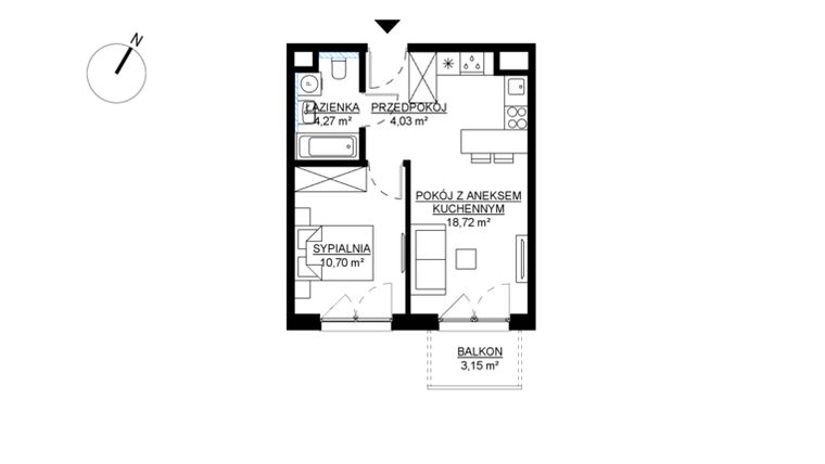 Rzut - Mieszkanie na sprzedaż 2 pokoje o powierzchni 37,72 m² - numer M48 w KWADRAT etap 2