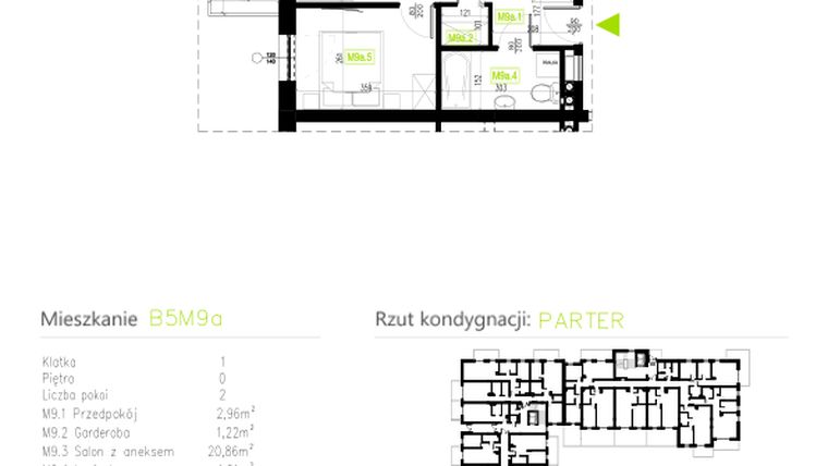 Rzut - Mieszkanie na sprzedaż 2 pokoje o powierzchni 39,01 m² - numer B5M9a w Osiedle Natura Park etap II