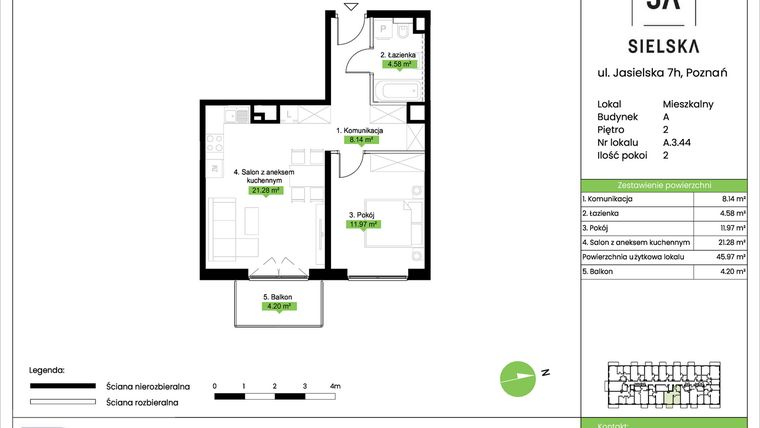 Rzut - Mieszkanie na sprzedaż 2 pokoje o powierzchni 45,97 m² - numer A.3.44 w JA_SIELSKA V