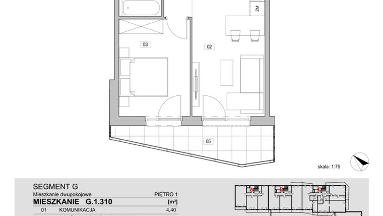 Rzut - Mieszkanie na sprzedaż 2 pokoje o powierzchni 40,83 m² - numer G.1.310 w ATAL Unii Lubelskiej