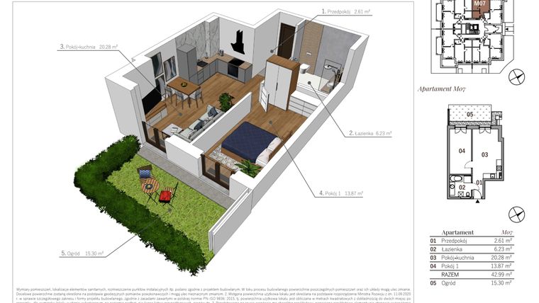 Rzut - Mieszkanie na sprzedaż 2 pokoje o powierzchni 42,99 m² - numer M07 w Przy Parku etap II