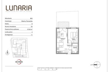 Rzut - Mieszkanie na sprzedaż 2 pokoje o powierzchni 37,02 m² - numer B03 w Lunaria